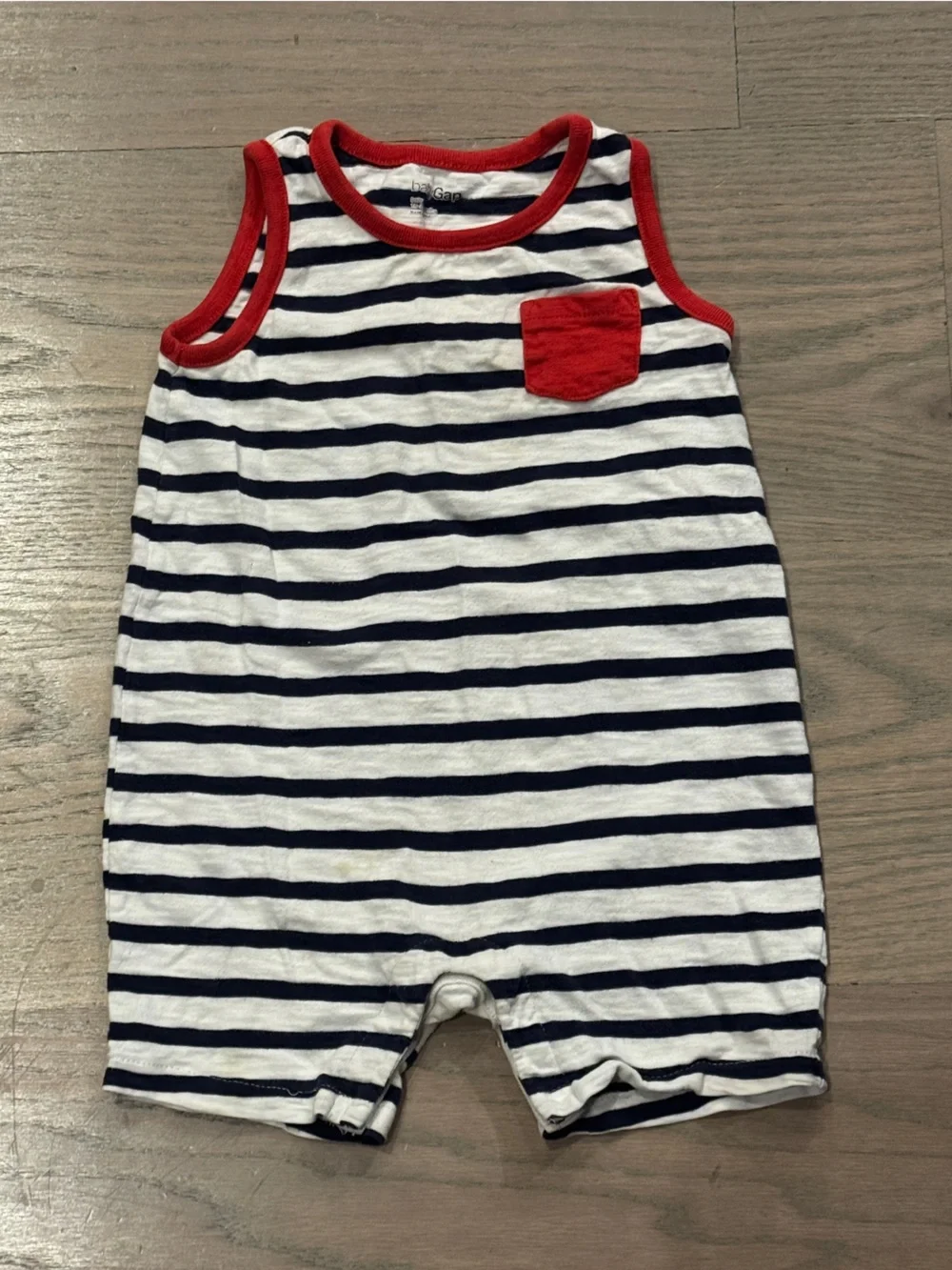 GAP Navy and White Striped Baby One-Piece with Red Trim
